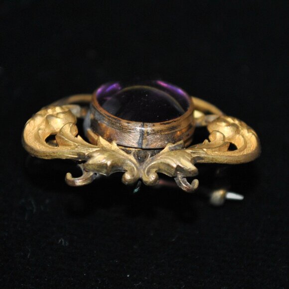 Antique Art Nouveau Gold-plated Brooch with Amethyst Glass and Watch Loop - Picture 4 of 8